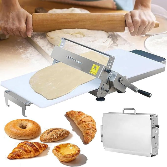 Manual Dough Sheeter Machine, Dough Roller Machine, Stainless Steel, 0-27mm Thickness Setting, with Press Panel, for Pizza Dough, Croissants and Puff Pastry Processing