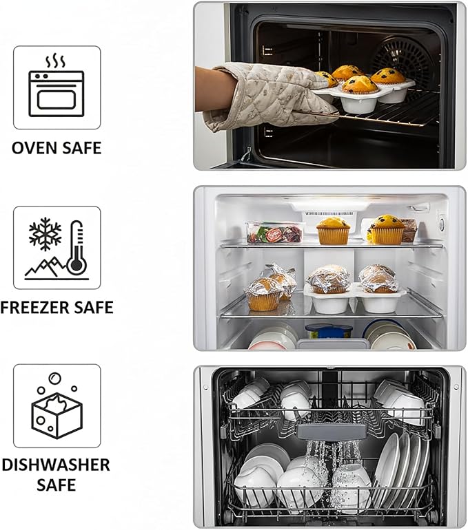 Hiceeden 2 Pack 4-Cup Ceramic Muffin Pan, Nonstick Muffin Tin with Handle, Ceramic Cupcake Baking Pans with Embossed Pattern for Muffin, Cupcake, White, 7.5" x 7" x 1.6"