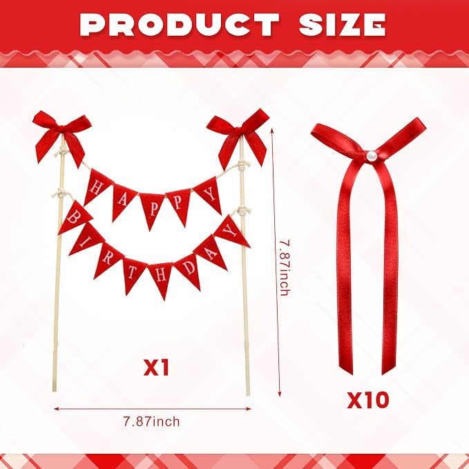 Honeydak 11 Pcs Red Bow Ribbon Cake Topper Happy Birthday Cake Bunting Topper with Wood Pole Handmade Pennant Flags with Bows Ribbon for Birthday, Bridal Party Decoration