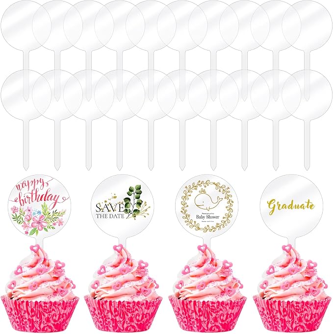 Chunful 30 Pack 2 Inch Circle Acrylic Custom Cupcake Topper, DIY Clear Blank Cake Personalized Cupcake Topper with Sticks for Birthday Party, Wedding, Engagement, Baby Shower Cake Decoration