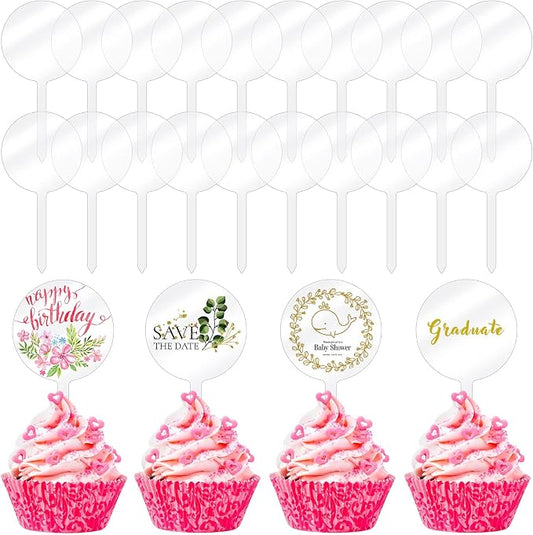 Chunful 30 Pack 2 Inch Circle Acrylic Custom Cupcake Topper, DIY Clear Blank Cake Personalized Cupcake Topper with Sticks for Birthday Party, Wedding, Engagement, Baby Shower Cake Decoration