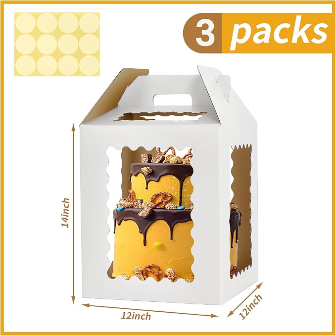 12inch Tall Cake Boxes 6 Windows with handle,12x12x12 Tiered Cake Box, Square cake carrier,largeTake Out Transport Containers Ideal for 10" & 12" Tiered Cakes (3Pack-White)