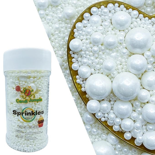 CandiJumpin Edible Pearls for Cake Decorating, White Pearl Sprinkles White Sugar Pearls Edible Cake Decorations Pearl Sugar Sprinkles Cupcake Toppers Baby Shower Party Birthday Wedding Christmas Supplies 3 OZ