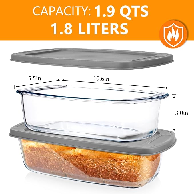 Glass Loaf Pans for Baking Bread with Lids 1 Set - 1.9 Qt Glass Loaf Pan | Oven, Dishwasher, Fridge, Freezer & Microwave Safe, Bread Pan Suit for Lasagna, Meatloaf, Banana