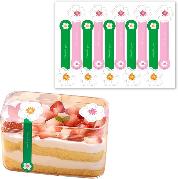 Cute Flower Shaped Thank You Stickers 300 Pcs Long Pink and Green Sealing Stickers Handmade Food Bakery Sticker Tamper-Proof Self-Adhesive Baking Labels