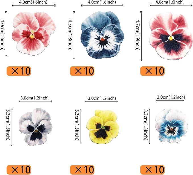 60 PCS Edible Flowers Cupcake Toppers Pansies Spring Edible Flowers Cake Decorations Bridal Shower Wafer Paper Flowers Cupcake Picks for Baby Shower Wedding Engagement Birthday Party Supplies