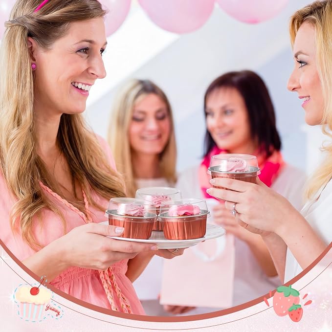200 Pack Aluminum Foil Cupcake Liners with Lids, 5 oz Round Baking Cup, Disposable Ramekin Container for Graduation Wedding Independence Day Party(Rose Silver,Plain)