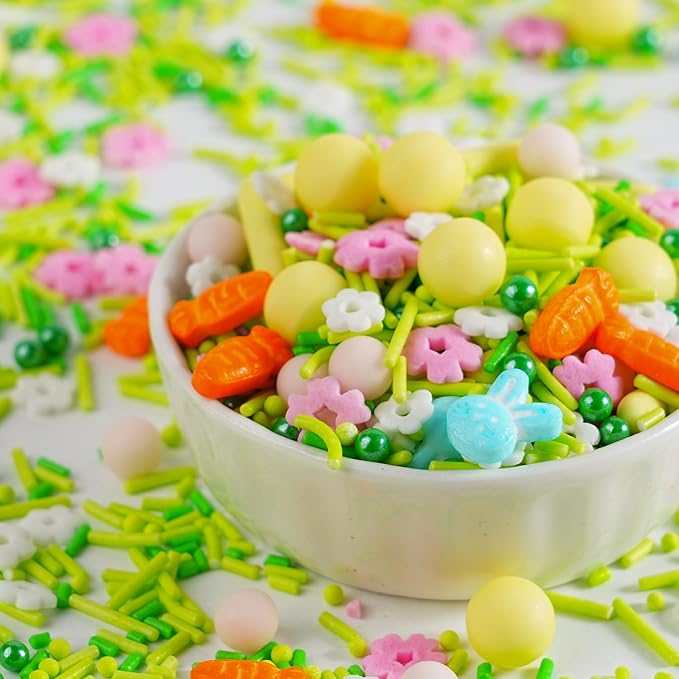 Easter Sprinkles Mix, 4.23 oz Pastel Bunny Rabbit and Carrot Flower Confetti Jimmies, Nonpareils for Cake Decorating, Cookie, Cupcake, Ice Cream Topper, Baking Toppings - Spring, Birthday Party Supplies