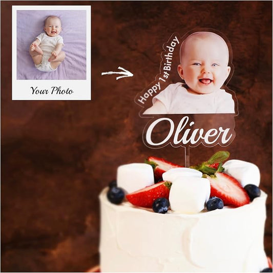 Custom Photo Cake Topper – Personalized Acrylic Cake Topper with Picture and Name, Printed Cake Sign Charm for Couples and Dessert Decoration