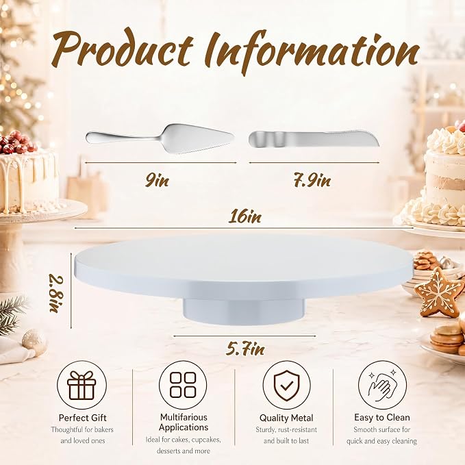 Wenqik 16 Inch Metal Cake Stand with Cake Knife and Spatula, Round Dessert Table Display Stand Metal Dessert Tray Serving Platter for Party, Wedding, Birthday, Baby Shower, Anniversary(White)
