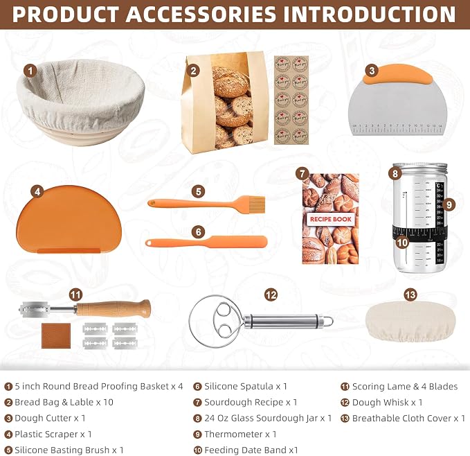 RYTOXILO Mini Banneton Basket Sourdough Starter Kit, 5 inch Round Bread Proofing Basket Set with 24 Oz Glass Sourdough Jar, 13 Pcs Bread Making Kits for Beginners with Sour Dough Baking Supplies