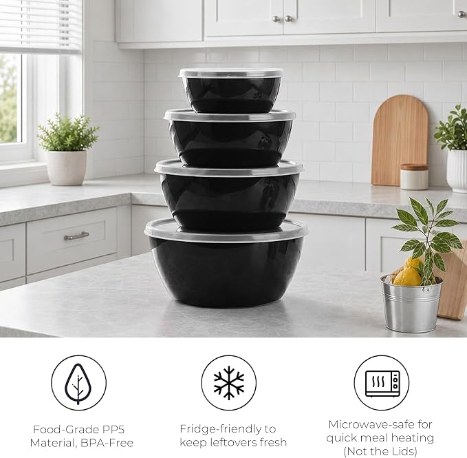 ZHANG XIAO QUAN SINCE 1628 Food Storage Containers Set of 4, PP5 Plastic Fresh-Keeping Container BPA Free, Airtight Lids, Microwave and Freezer Safe, BLACK