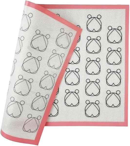 Silicone Macaron Baking Mat, 2 Pack, Non-Stick, Heart Pattern Template, 16.53 x 11.61 Inch, Pink Border, 0.7mm Thick, Professional Pastry Sheet