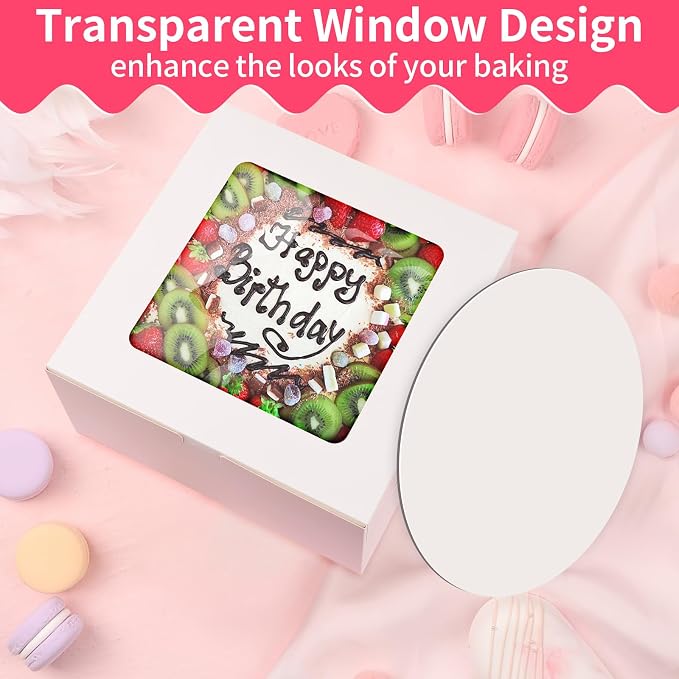 WINKIO Cake Boxes with Cake Boards, 4 Pack 10 Inch Cake Boxes with Window, Disposable Bakery Box for Cake Cookies Pies Cupcakes Pastry
