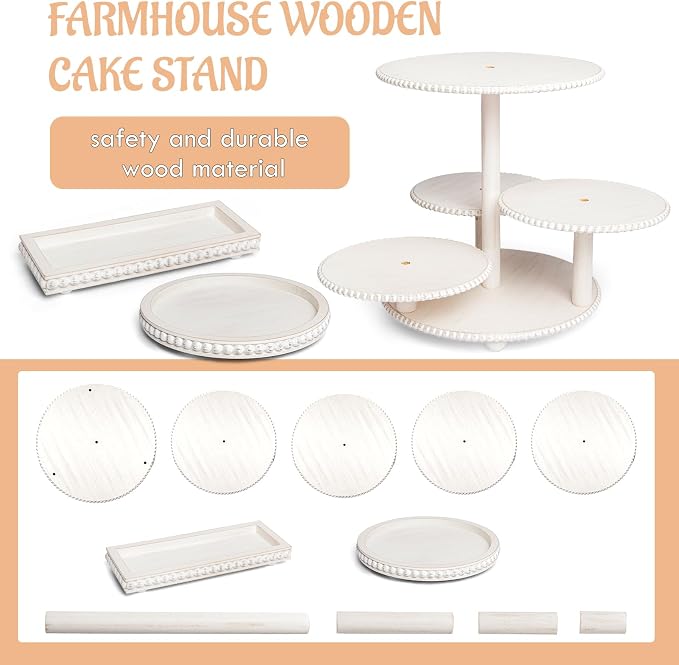 GENMOUS Wood Cake Stands Set of 3, 4 Tier Serving Tray Cupcake Stand, Beaded Rustic Dessert Tower, Round Rectangular Dessert Trays Platters for for Wedding Baby Shower Tea Party (White)
