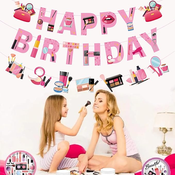 Zwiebeco Makeup Happy Birthday Banner Sign Spa Party Hanging Paper Decorations for Girls Women Glamour Cosmetics Theme Accessories Supplies
