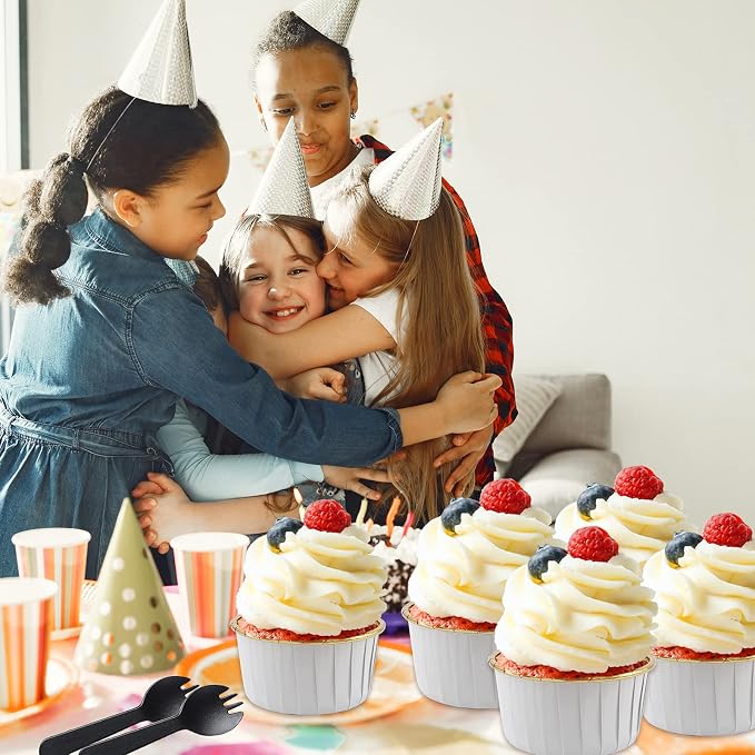 LNYZQUS 5.5 Oz Foil Cupcake Tins Baking Cups, Disposable Ramekins Muffin Tins, Large Cupcake Cups with Spoons-White in Gold