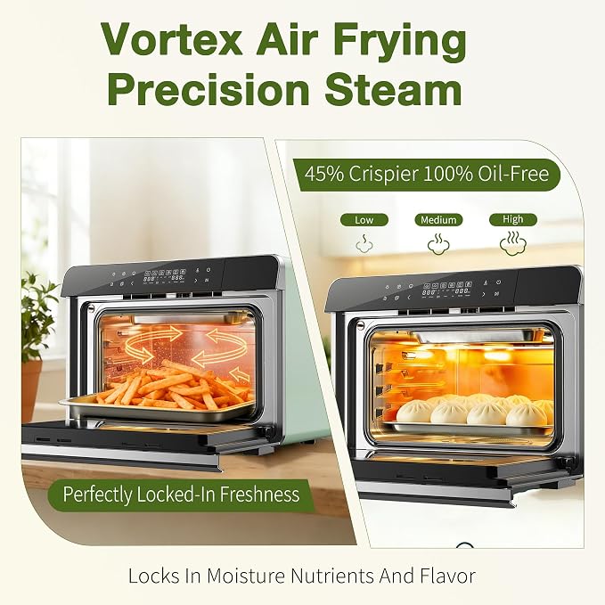 ROBAM Toaster Air Fryer Combi Oven, Countertop Steam Oven 14-in-1 with Convection Steam Roast & Bake, Multi-Stage Cooking, Self-Clean, 7 Modes, 30 Built-In Recipes, for Kitchen Pizza Baking (Green)