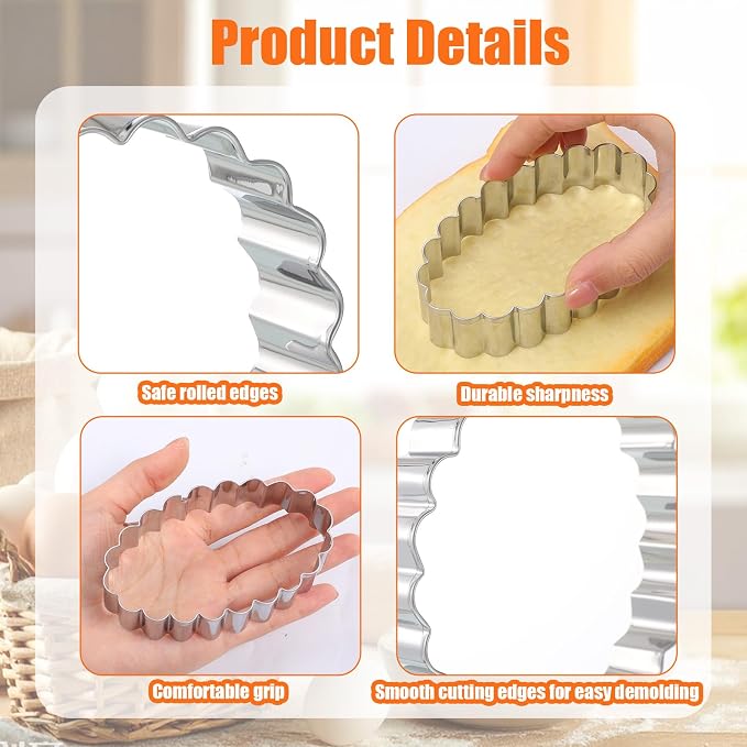 Scalloped Cookie Cutter Set, Assorted Sizes, 5 Inch, 4 Inch, 3 Inch, 2 Inch | Stainless Steel, Fluted Wavy Oval Cookie Cutters Shapes Clay Molds for Kitchen Baking