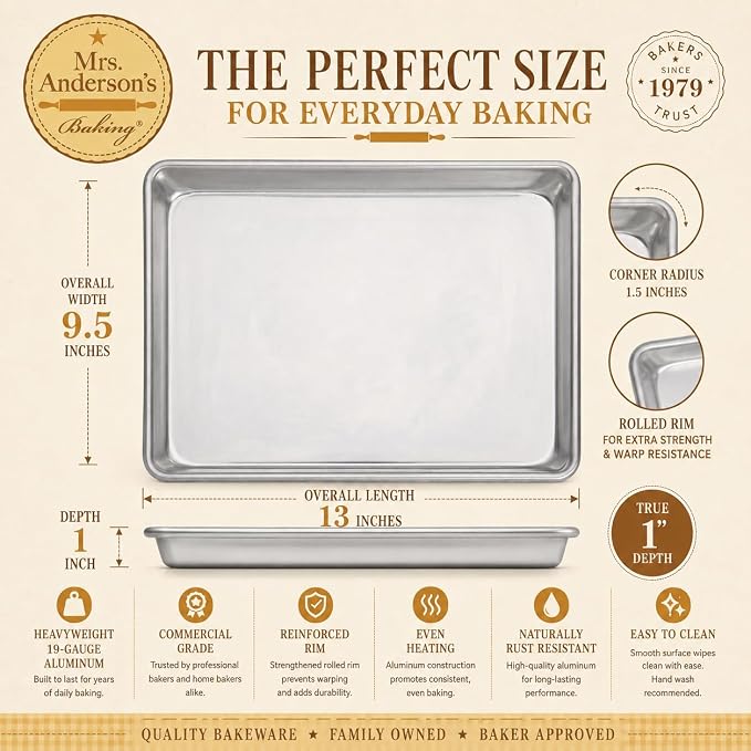 Mrs. Anderson’s Baking Quarter Sheet Pan, 9.5-Inches x 13-Inches, Heavyweight Commercial Grade 19-Gauge Aluminum