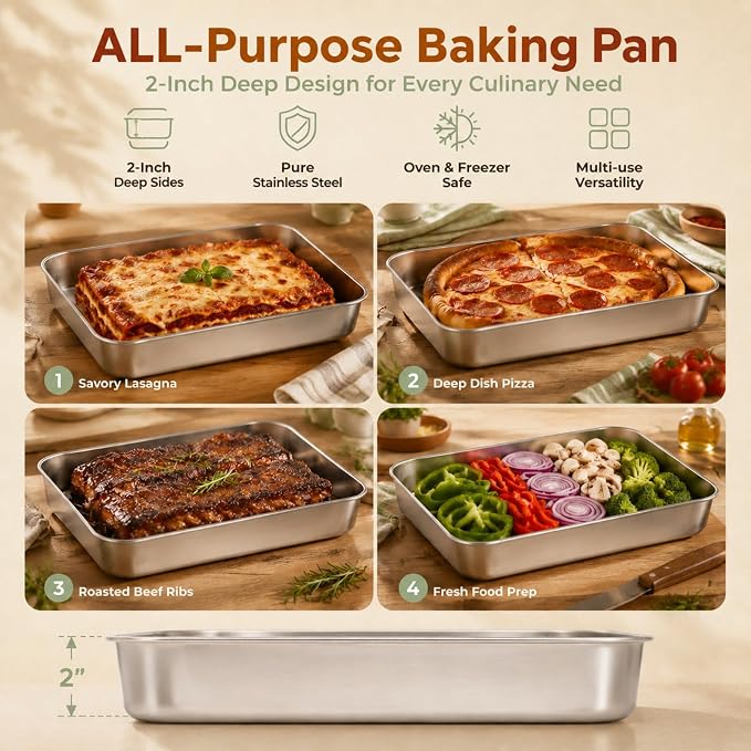 E-far Baking Pans Set of 2, 12.4” x 9.6” x 2” Stainless Steel Rectangular Cake Pans, Baking Sheet Pan for Lasagna Brownies Casseroles, Non-toxic & Healthy, Dishwasher Safe