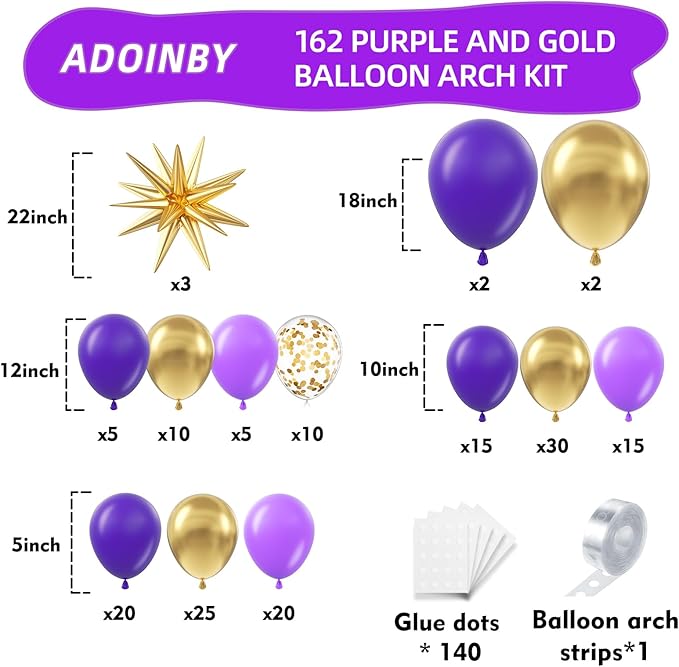 Purple and Gold Balloon Arch Kit, 162Pcs Dark Purple Gold with Stars Balloon Garland kit, Different Size Balloons for Birthday Baby Shower Anniversary Adults Prom Luxury Party Decorations
