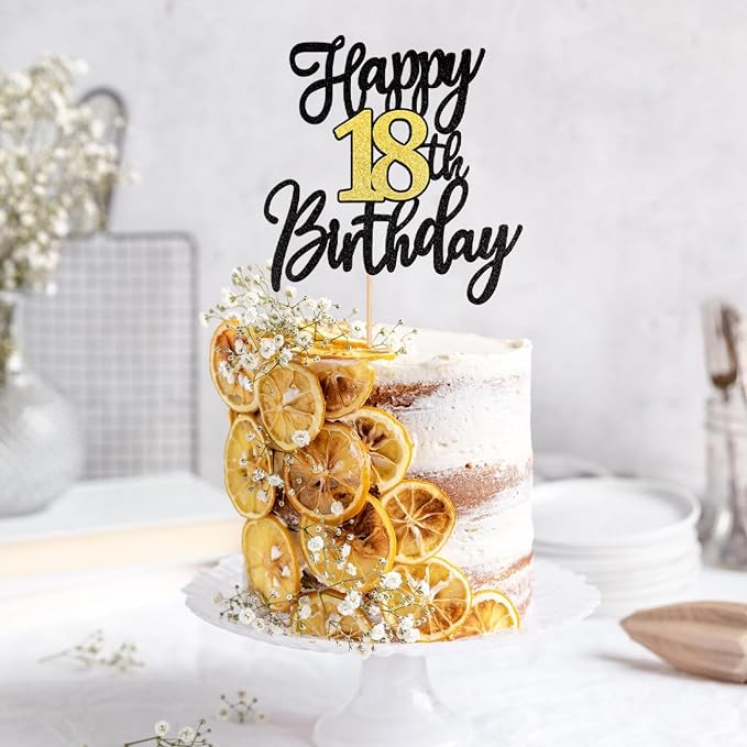 1 PCS Happy 18th Birthday Cake Topper Black Gold Glitter Cheers to 18 Years Birthday Cake Pick 18 Fabulous Cake Decoration for Happy 18th Birthday Anniversary Party Cake Decorations Supplies