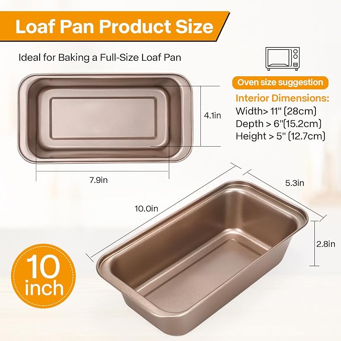 10x5inch Loaf Pan Set of 2,Dual-Layer Non-Stick Carbon Steel Bread Pan(Inner 9x4inch), 450°F Oven Safe, Stackable Gold Baking Pans for Banana Bread, Pound Cake & Homemade Loaves