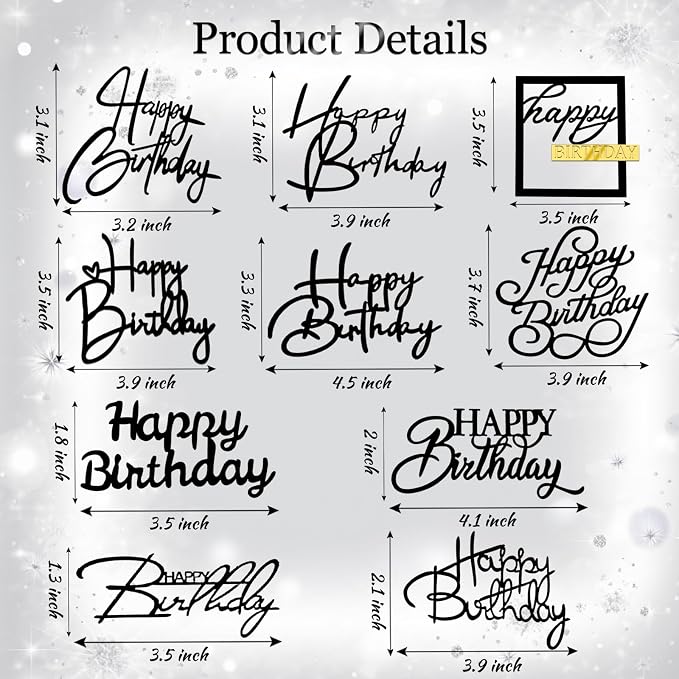 Wootkey 10 PCS Black Happy Birthday Cake Topper Mirror Acrylic Cupcake Toppers Double-Sided Happy Birthday Sign for Cake Side Cupcake DIY Birthday Gift Flower Bouquet Decor