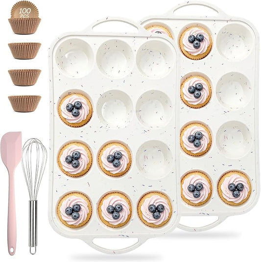 2 Pack Silicone Muffin Pans for Baking, 12 Cup Cupcake Pan with Metal Reinforced Frame, 3 Baking Tools Included, Nonstick Molds for Homemade Muffins, Cupcakes, Egg Bites, Oven Dishwasher Safe