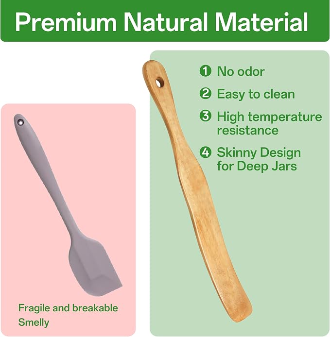 Wooden Spurtle 2Pcs, Skinny Teak Spatula for Sourdough Starter | Natural teak & earlywood, BPA-free, heat-resist, ergonomic, hand wash, oil periodically, for sourdough, gift for bakers
