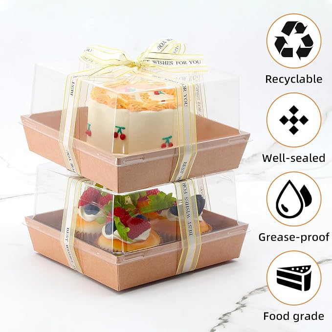 7 x 7 x 4 Inches Paper Charcuterie Boxes with Clear Lids, 25 Pack Large Clear Cake Boxes for 4-6 Inch Cake, Disposable Bakery Boxes Food Containers for Cupcakes,Pie,Cookies, Cocoa Bomb Brown
