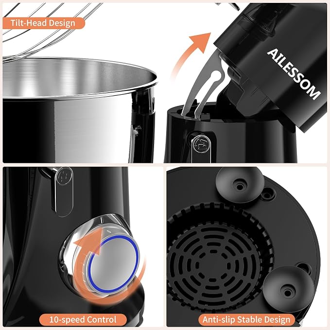SAMSAIMO 3-IN-1 Electric Stand Mixer, 10-Speed With Pulse Button, Attachments include 6.5QT Bowl, Dough Hook, Beater, Whisk for Most Home Cooks (Onyx Black)
