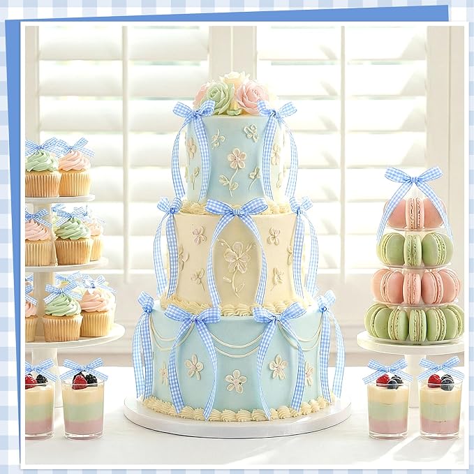30 Pack Bow Cake Toppers Blue Gingham Ribbons Bows for Cake Bow Cupcake Toppers Blue Gingham Bow Birthday Decorations for Baby Shower Birthday Wedding Party Supplies