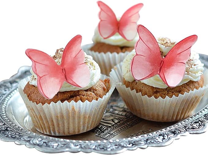 52 pcs edible wafer paper butterfly cake decoration, Cupcake topper multicolor butterfly decorative paper suitable for weddings birthdays Christmas cocktails (Watercolor red)