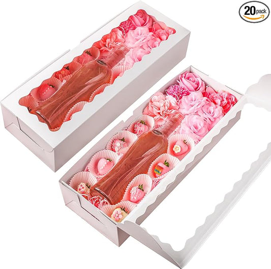 20 Pack Mother's Day Rose and Wine Box for Gifts 20" X 7" X 4" Cookie Bakery Boxes With Window Rectangle Extra Large Treat Boxes for Strawberries Chocolate Cake