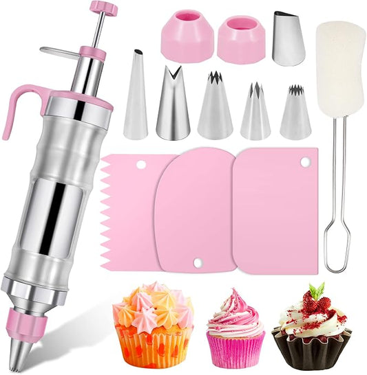 Pink Cake Decorating Kit - 6 Russian Piping Icing Nozzles, 3 Cream Scrapers, Stainless Steel Cupcake Frosting Filling Injector