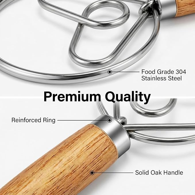 TEEVEA Danish Dough Whisk, Stainless Steel Wood Handle for Sourdough Bread | Dishwasher safe, non-stick, effortless mixing, dutch dough stirrer, for bread batter pastry, sourdough baking tool