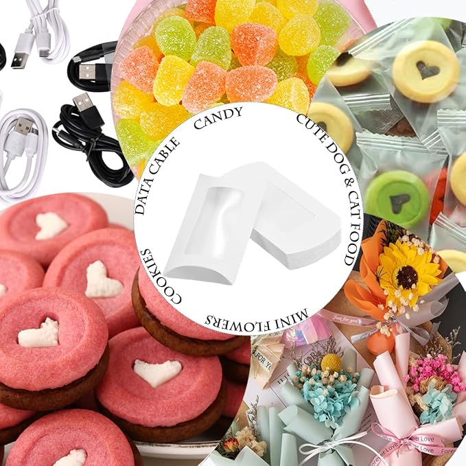 50 Pcs Pillow Gift Boxes with Windows,Kraft Paper Mini Pillow Packaging Box, Creative Favor Box Folding Treat Boxes with Clear Window for Bakery Candy Chocolate Jewelry Display Wedding Party (White)