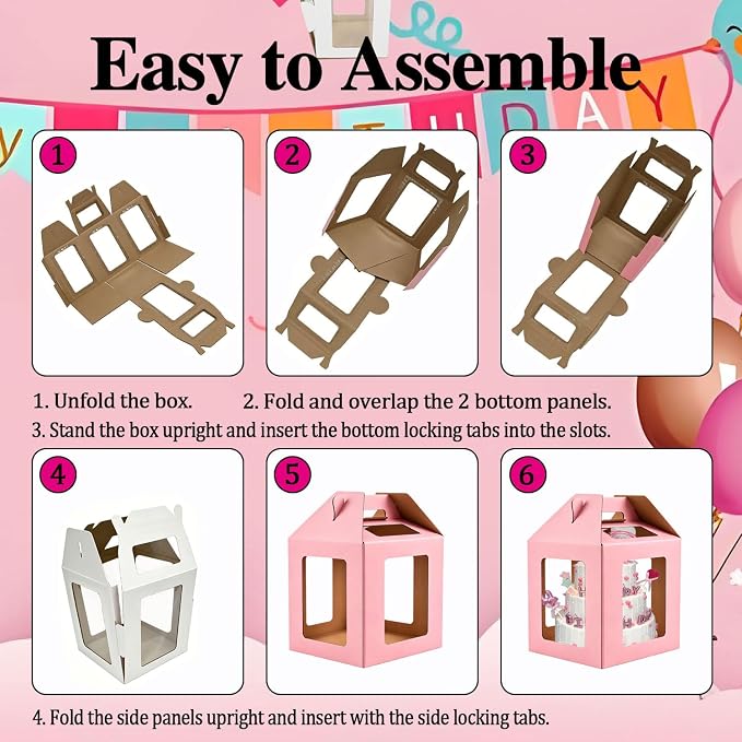 Cake Boxes - 2 Pack Tall Cake Box 12x12x14 Inch | Disposable Layer Carrier with 6 Window Large Tierd Cake Out Transport Containers with Handle for Wedding Birthday, Party-Pink