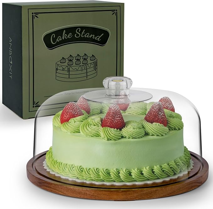 ANBOXIT Cake Stand with Dome Lid, Acacia Wood Cake Plate with Cover, Wooden Cake Display Stand with Acrylic Dome - Flat