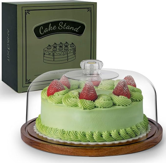 ANBOXIT Cake Stand with Dome Lid, Acacia Wood Cake Plate with Cover, Wooden Cake Display Stand with Acrylic Dome - Flat
