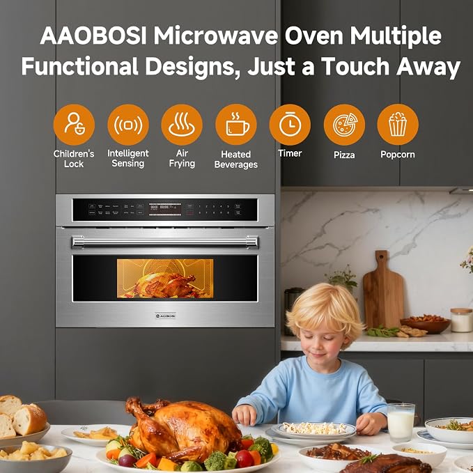 AAOBOSI 30 Inch Built-in Microwave and Convection Oven Combination, 1.6 Cu. Ft. Wall Oven Microwave Combos, Stainless Steel Finish, Touch Control LCD Display, Sensor Cook