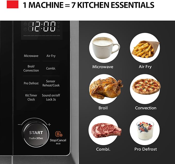 TOSHIBA OptiChef Classic All-in-One Countertop Microwave Air Fryer Combo for Small Kitchens 1.0 Cu.Ft 1000W–Origin Inverter Tech & Humidity Sensor, Convection & Broil Combi, Black Stainless Steel