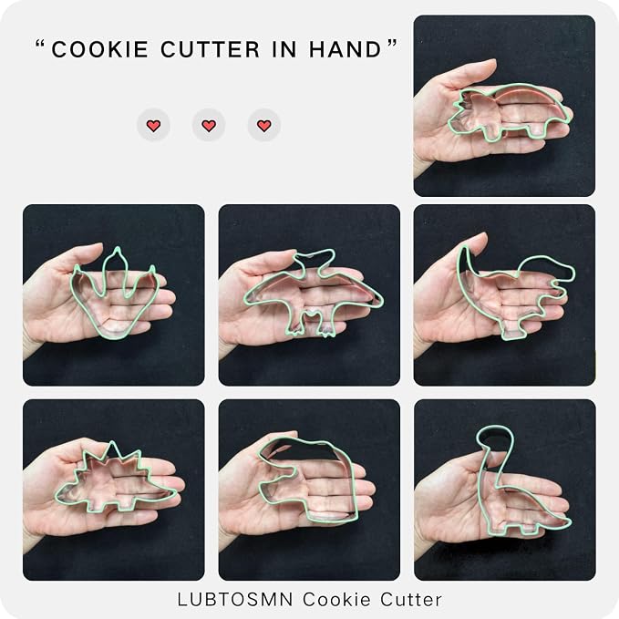 LUBTOSMN New 7 Piece Dinosaur Cookie Cutters Set with Silicone Protective Rim, Dishwasher Safe Stainless Steel Cookie Cutters for Cookies, Fondant, Sandwiches, Biscuits, Pancakes and Pastries