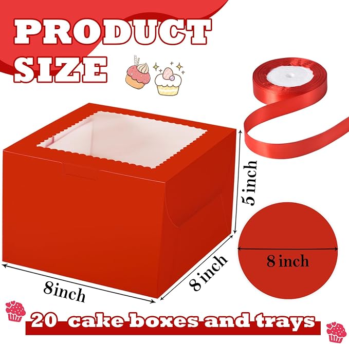 KPOSIYA 40pcs 8x8x5 inches Cake Boxes with Cake Boards（20 Boxes & 20 Boards）, Red 8 inch Cake Boxes with Window,Cajas Pasteles Square Cardboard Cake Containers for Christmas Thanksgiving