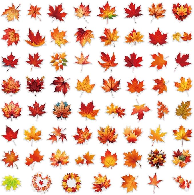 Maple Leaf Stickers Pack, 60PCS Colorful Transparent Sticker Waterproof PET Stickers for Laptop, Stationery, Luggage, Scrapbooking, Water Bottles, Gifts Party Decorations