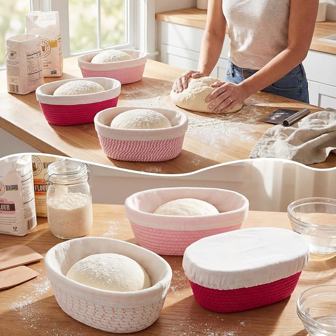 4 Pcs 10 Inch Tones Cotton Rope Banneton Bread Proofing Basket Set Oval Banneton Basket Sourdough Bread with Liners Covers for Baking Supplies (Pink)