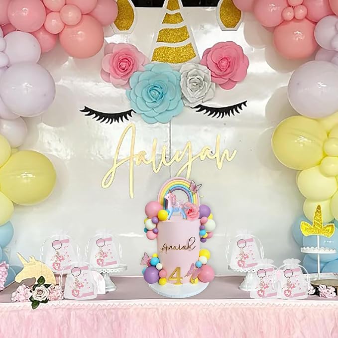 47 PCS Unicorn Cake Topper Unicorn Rainbow Cake Decorations with Rainbow Butterflies Unicorn Balls Happy Birthday Cake Decorations (Style 2)