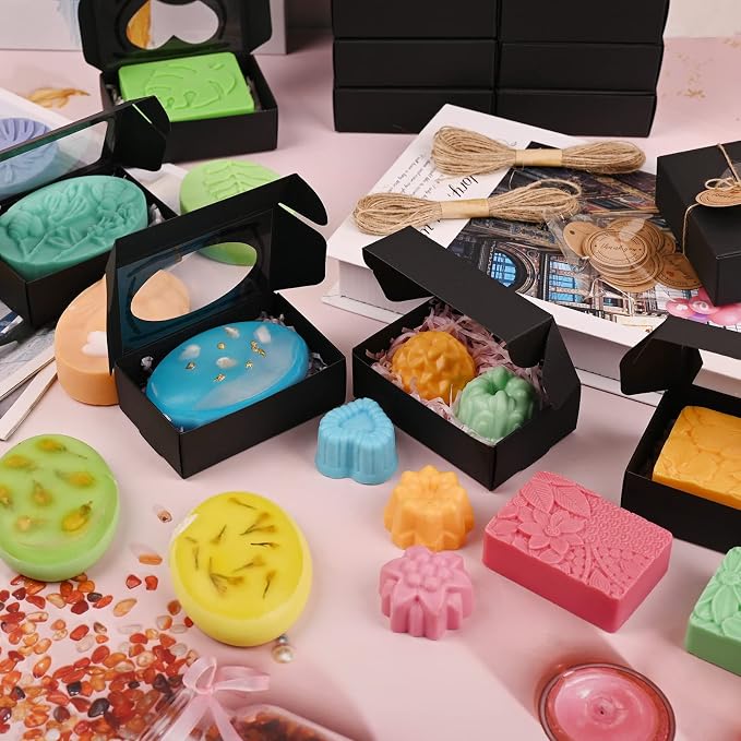 32 PCS Black Soap Boxes for Homemade Soap, 3.54 X 2.36 X 1.18 Inch Soap Packaging Gift boxes with Window, Small Rectangular Soap Wrapping Boxes (Black)